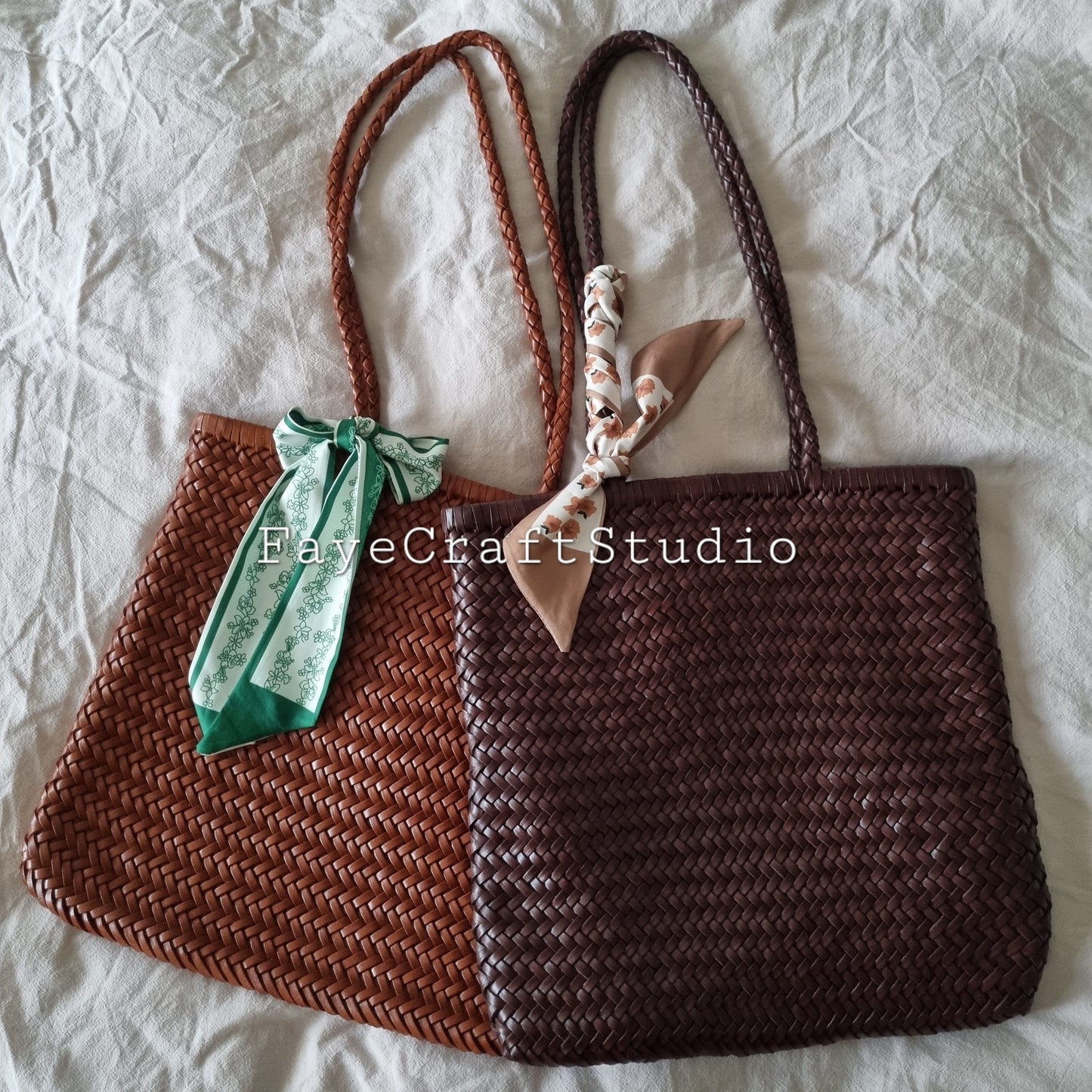 Lisa - Woven Shopper Tote, handmade leather bags with long straps, brown color, eco-friendly shopping accessory.