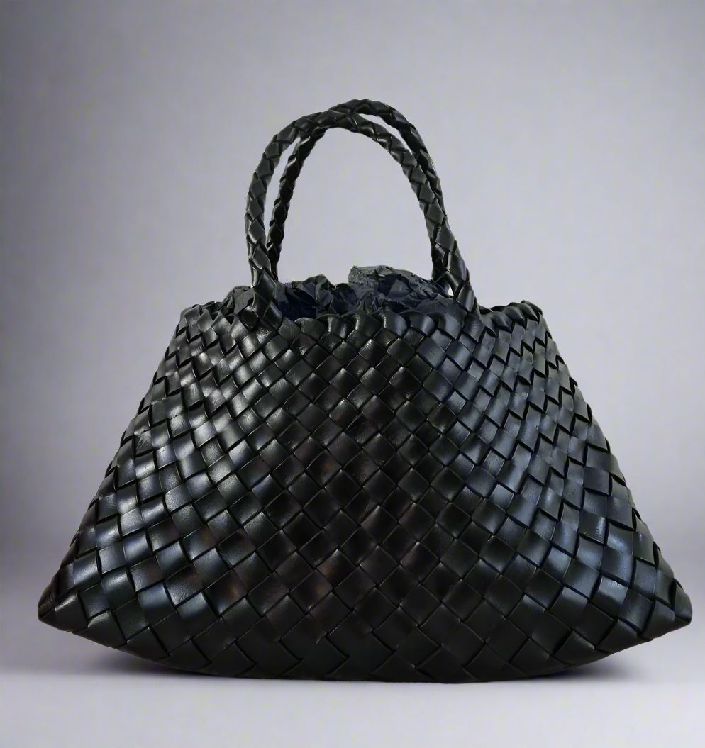 Diana medium woven leather bag, handwoven top-grain cowhide, short handle, spacious interior.