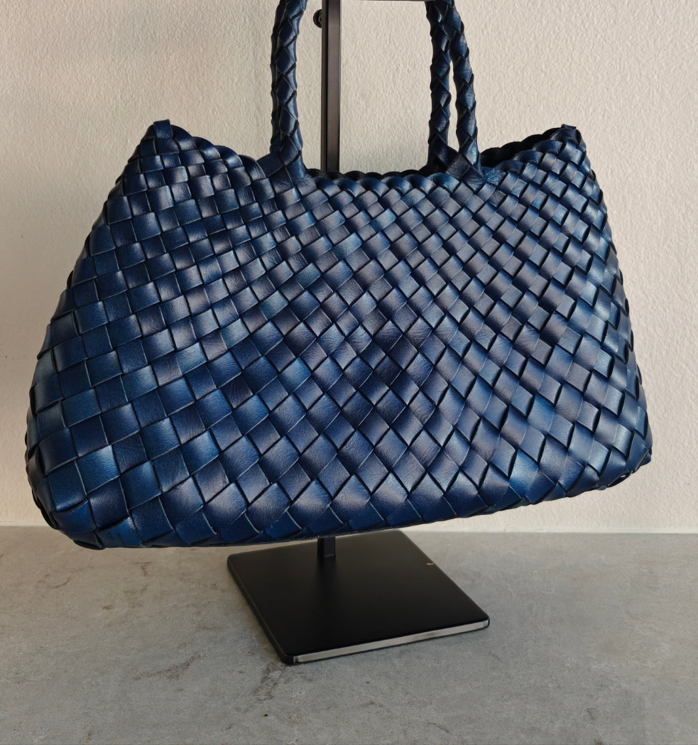 Leah - (LARGE LONG HANDLES) Genuine Leather Woven Tote