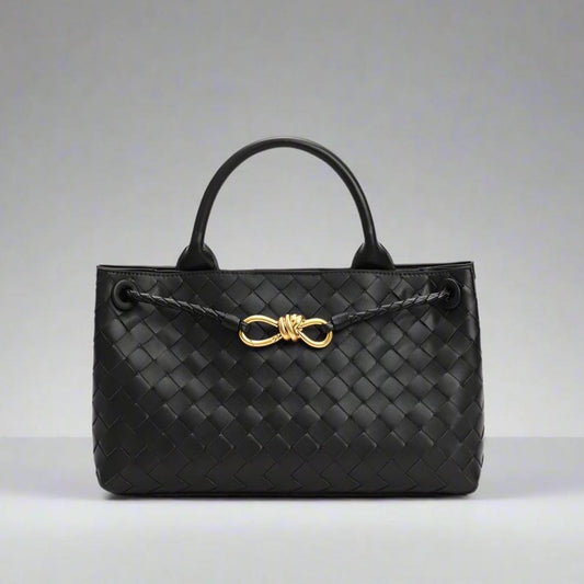 Aria crosswoven genuine leather shoulder bag with dual compartments and gold accent.