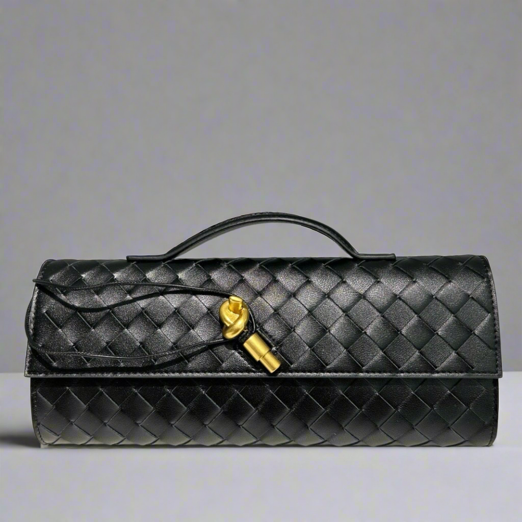 Kiva – Woven Leather Baguette Bag with Pin Lock Closure