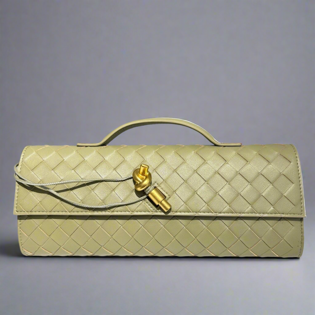 Kiva – Woven Leather Baguette Bag with Pin Lock Closure
