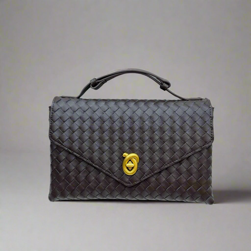Friday Crosswoven Leather Envelop Shoulder Bag with Dual Compartment and Gold Accent.