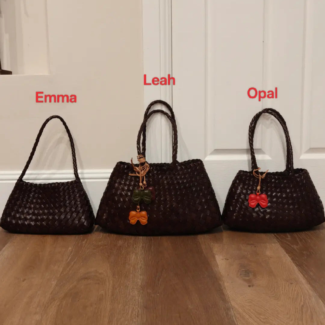 Size comparison of Emma, Leah, and Opal brown woven leather handbags placed side by side