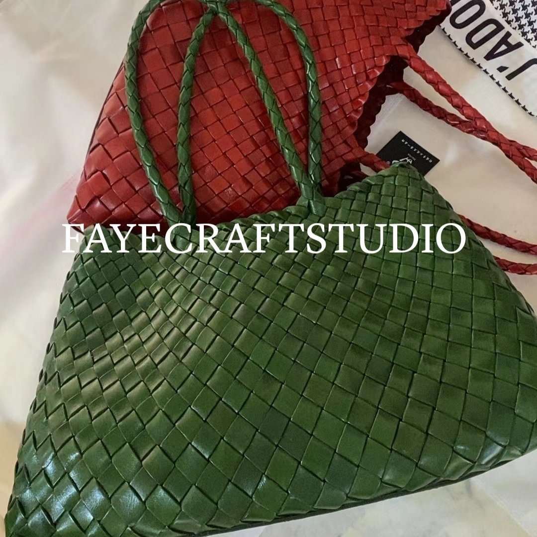Collage View Of Leah Large Handmade Leather Woven Tote Bag with Long Handles in Green and Red Leather