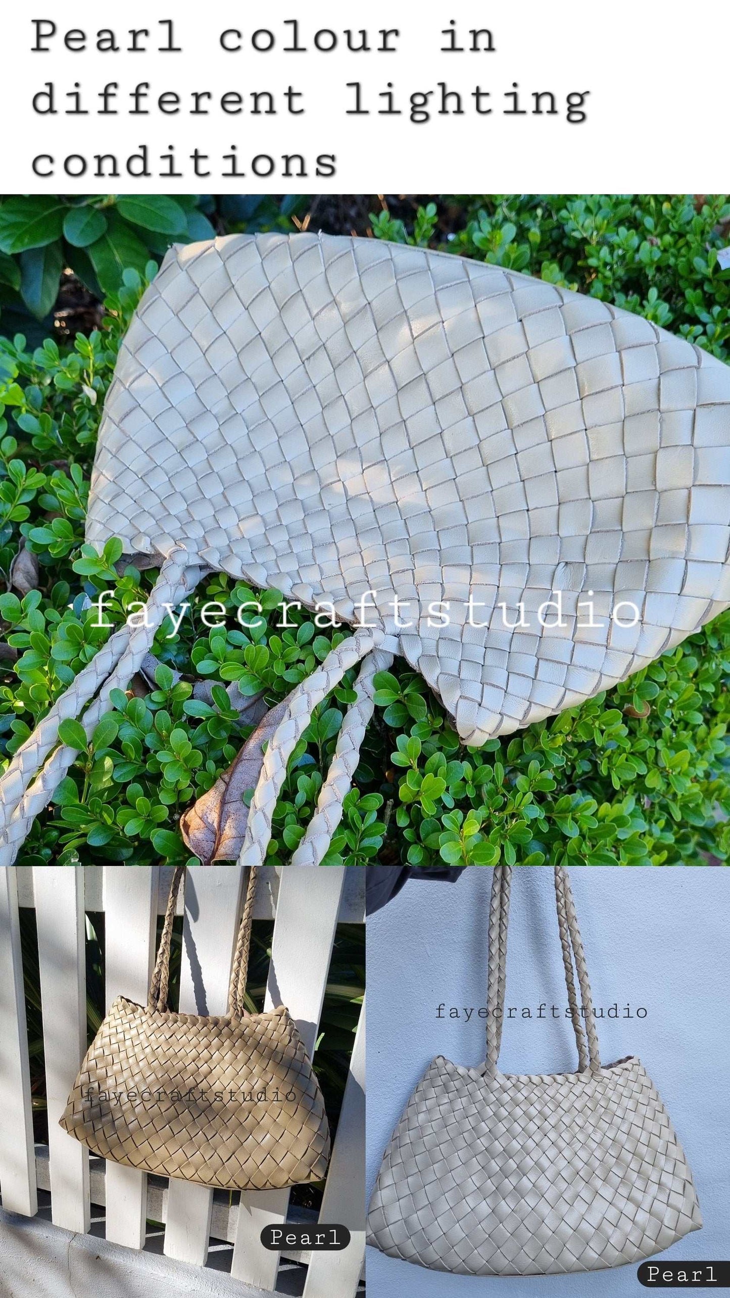 Collage View Of Leah Large Handmade Leather Woven Tote Bag with Long Handles in Pearl Leather