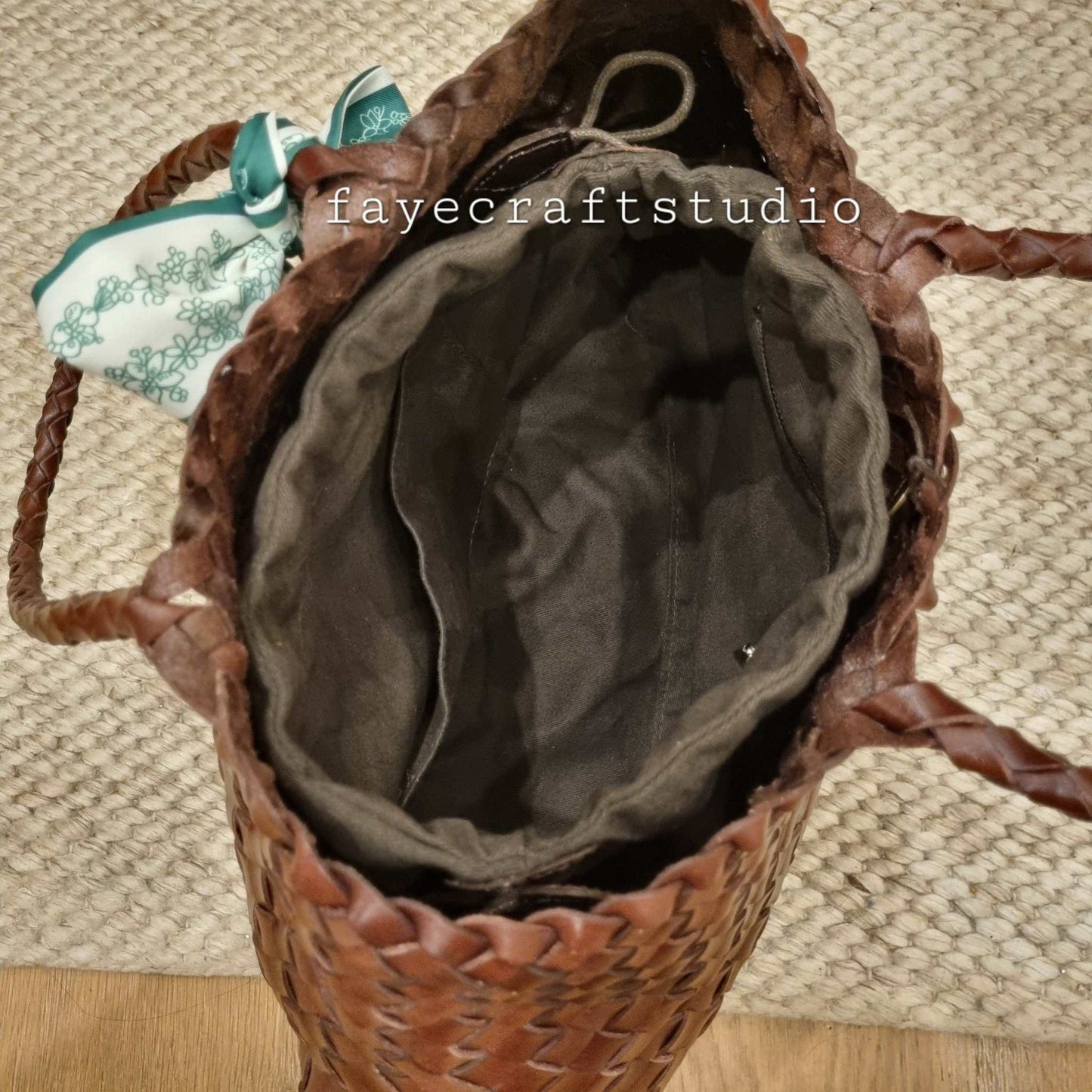 Interior View Of Leah Large Handmade Leather Woven Tote Bag with Long Handles in Brown Leather