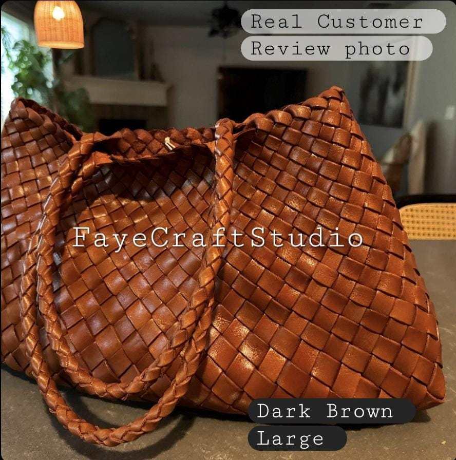 Front View Of Leah Large Handmade Leather Woven Tote Bag with Long Handles in Brown Leather
