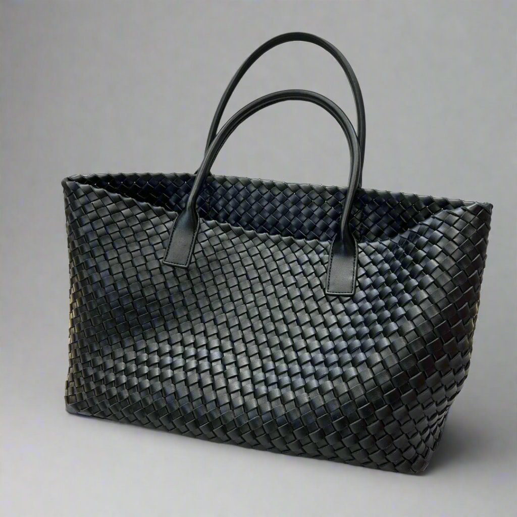 June Large Leather Woven Tote, premium cowhide, sleek minimalist design, durable microfiber handles.