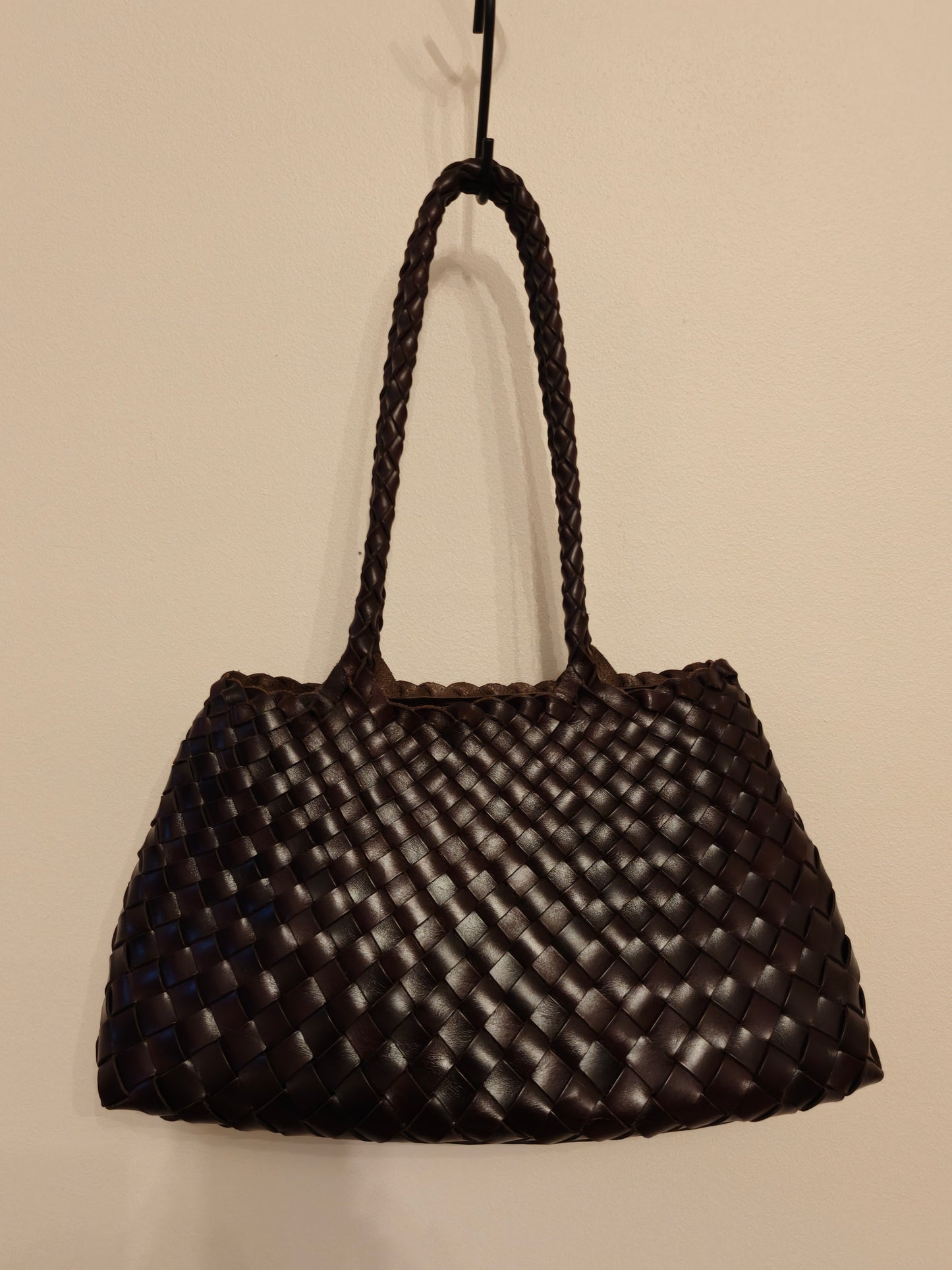 Front view of opal coffee woven leather tote bag with long handles