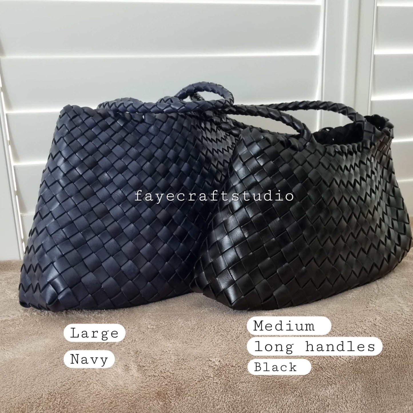 Size Comparison Of Leah Large and Opal Medium size Handmade Leather Woven Tote Bag with Long Handles