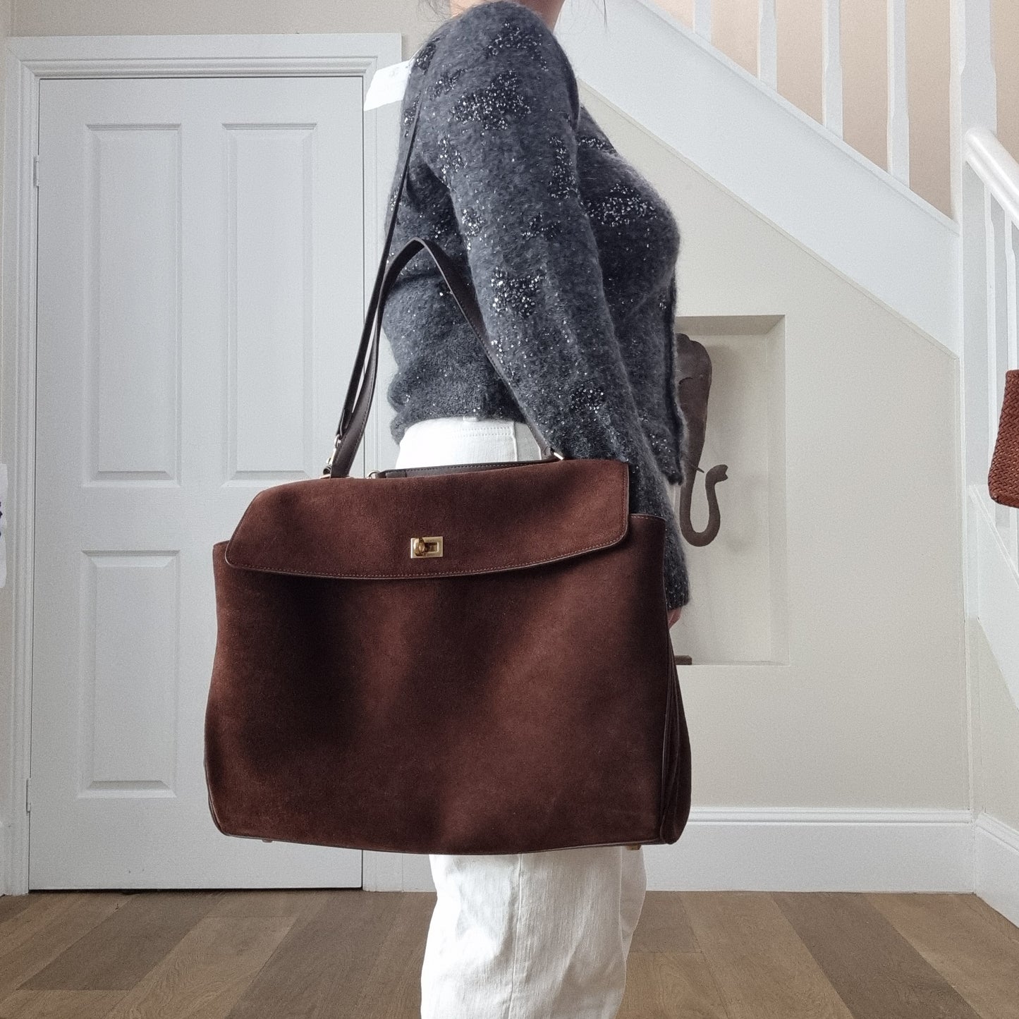Harper (Suede) - Large Suede Leather Shoulder Bag with Lock Closure – Casual Commuter Tote Handbag