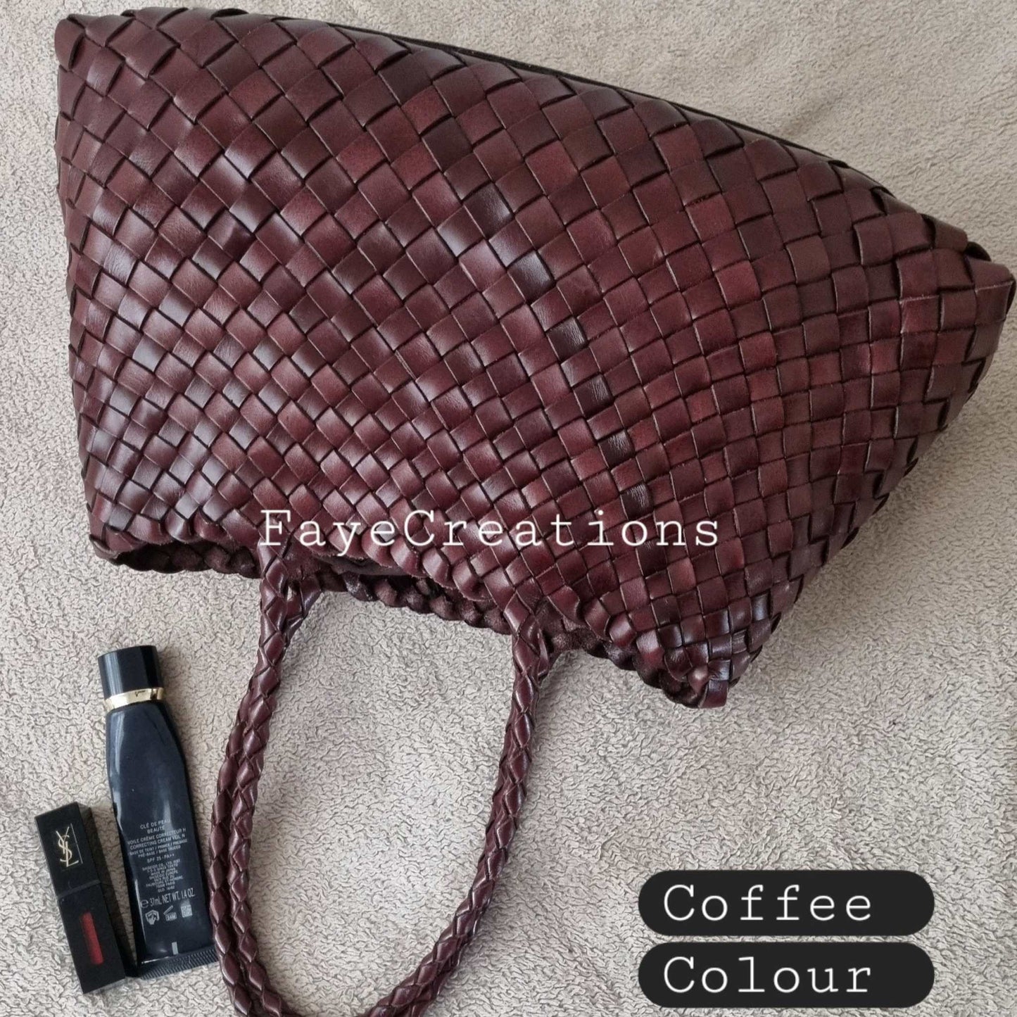 Birdeye View Of Leah Large Handmade Leather Woven Tote Bag with Long Handles in Coffee Leather