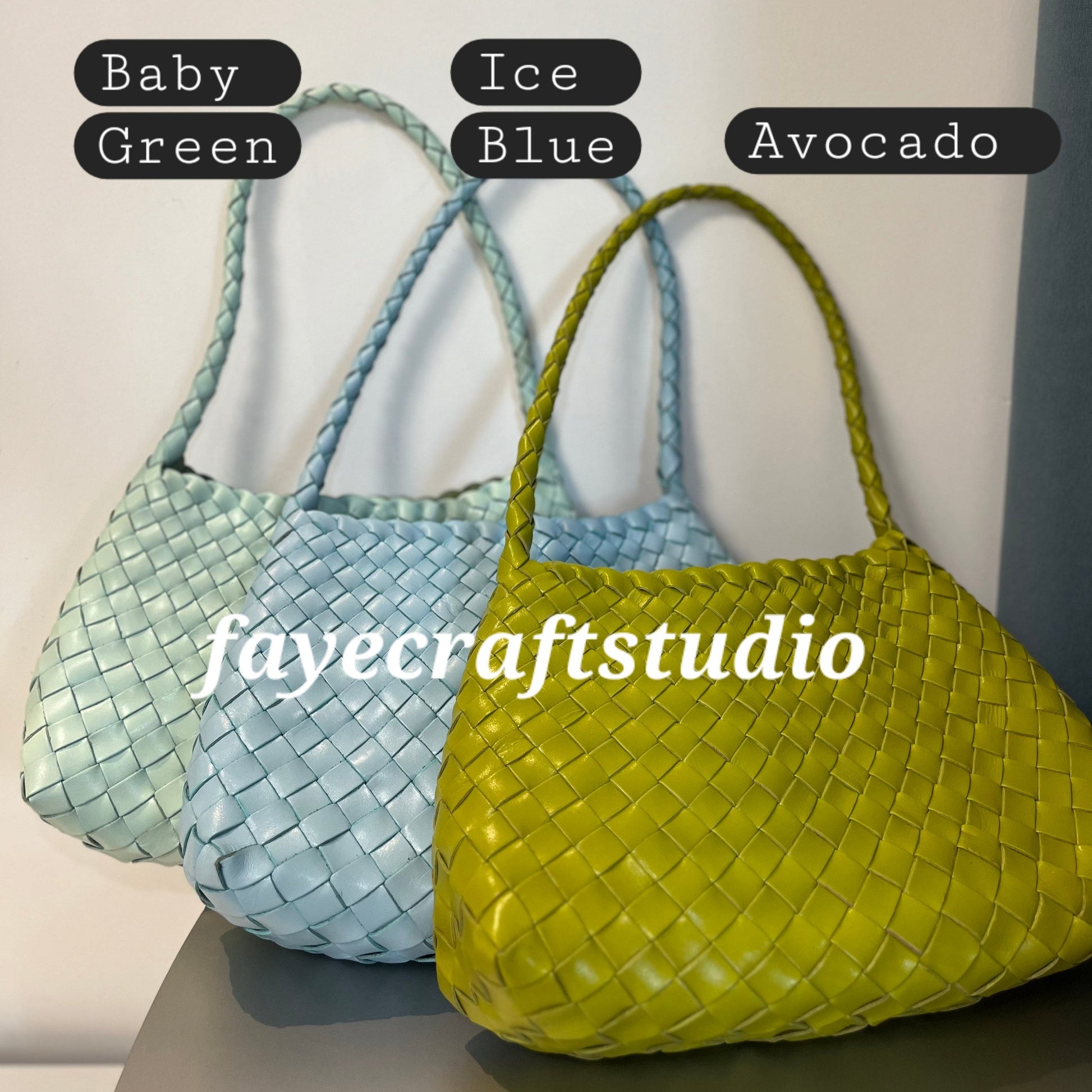 Handmade retro cowhide leather shoulder bags in baby green, ice blue, and avocado colors from the 2024 summer collection.