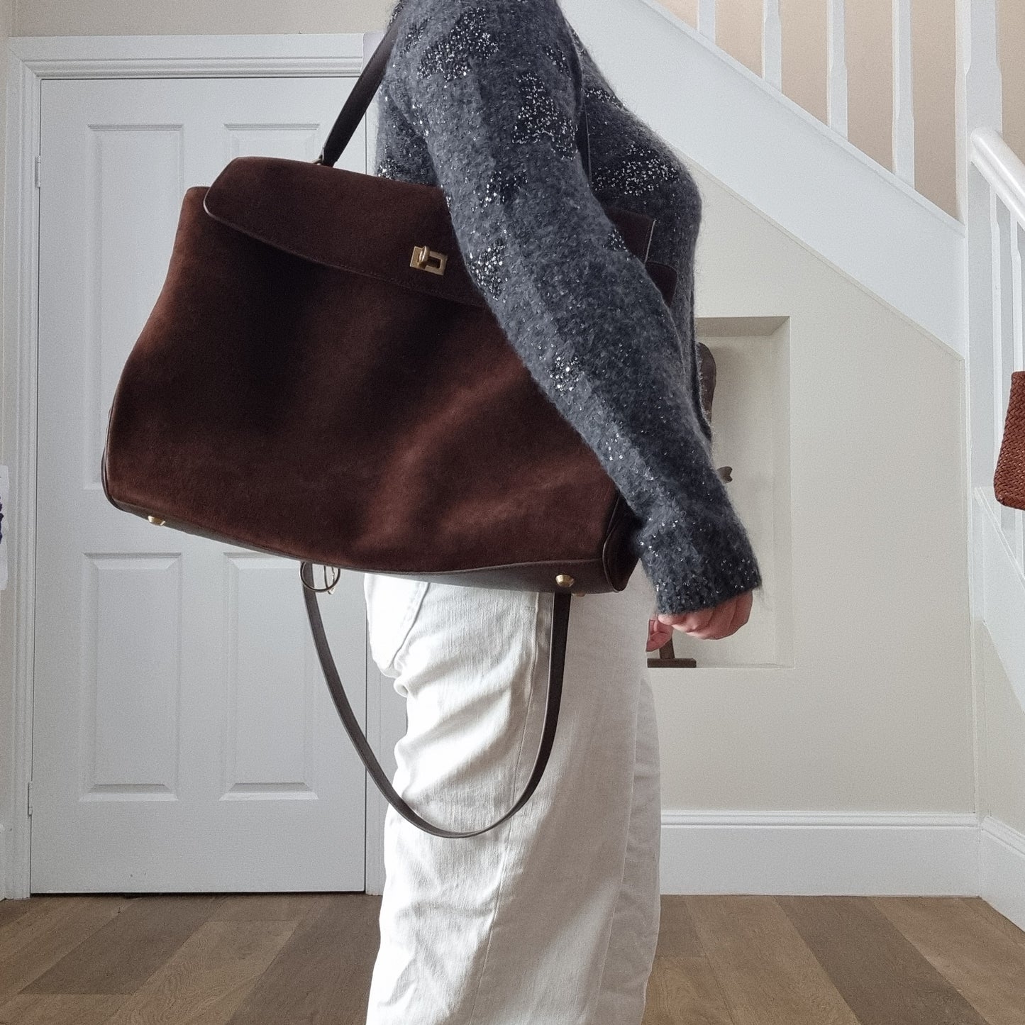 Harper (Suede) - Large Suede Leather Shoulder Bag with Lock Closure – Casual Commuter Tote Handbag