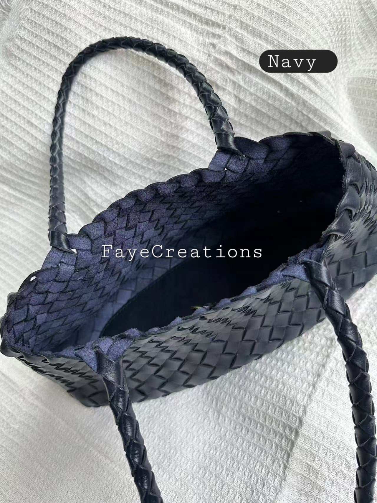 Top View Of Leah Large Handmade Leather Woven Tote Bag with Long Handles in Navy Leather