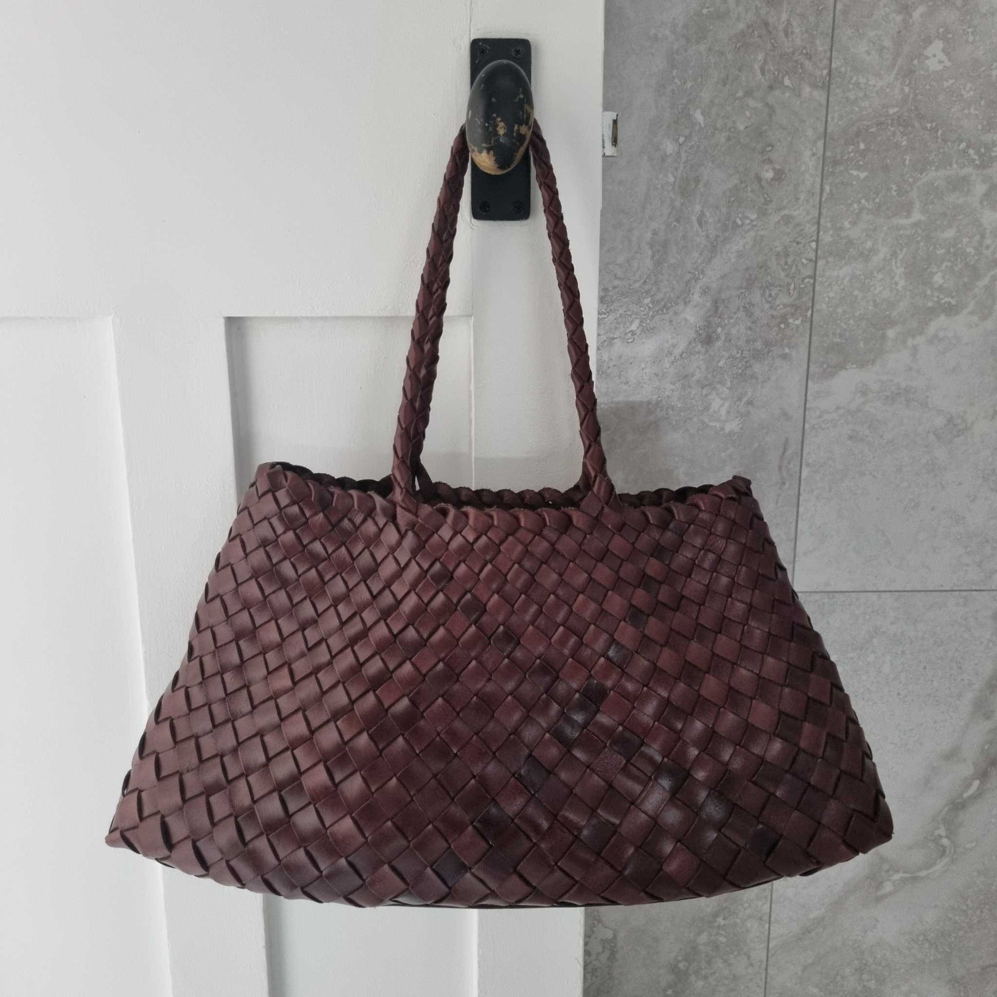 Front View Of Leah Large Handmade Leather Woven Tote Bag with Long Handles in Coffee Leather