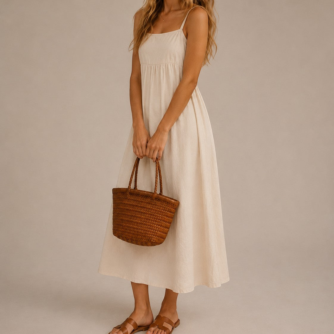 Woman in a white dress holding a woven bag against a plain background