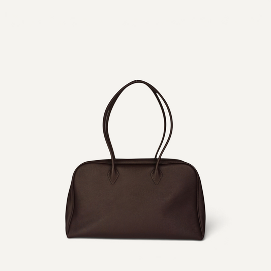 Belle coffee full-grain leather shoulder bag with elongated silhouette and double shoulder straps