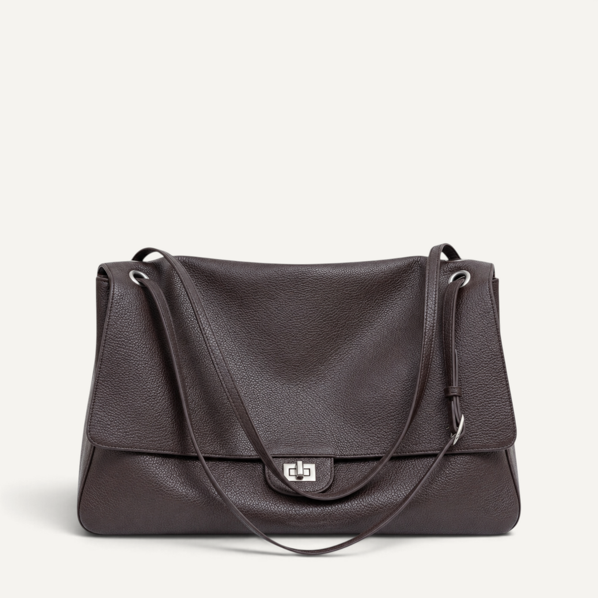 Fayecreations Eleanor large coffee brown genuine leather shoulder bag with turn-lock closure and double straps.