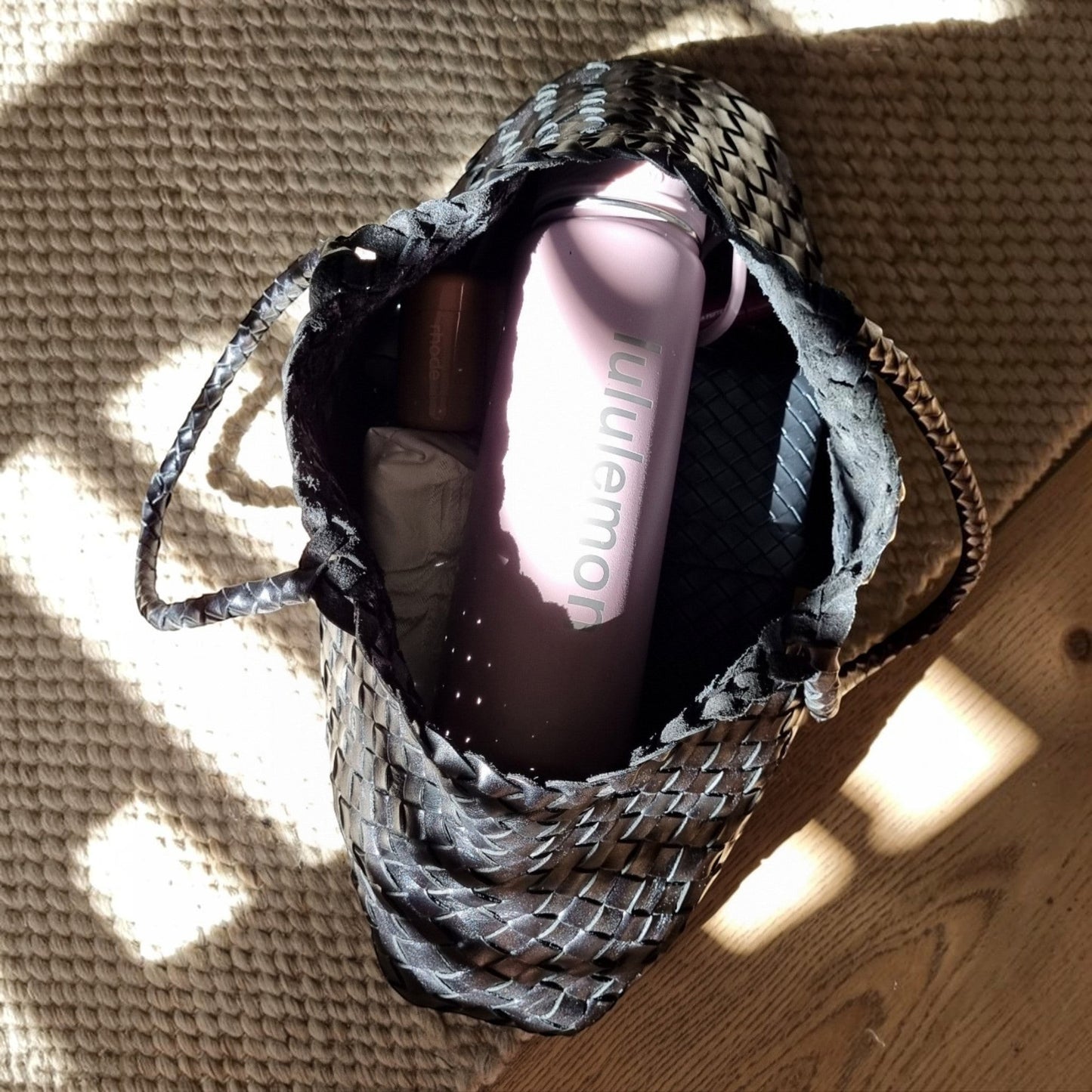 Top View Of Leah Large Handmade Leather Woven Tote Bag with Long Handles in Black Leather