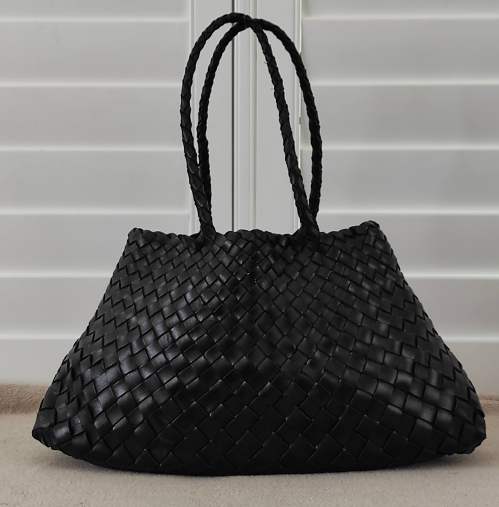 Front View Of Leah Large Handmade Leather Woven Tote Bag with Long Handles in Black Leather