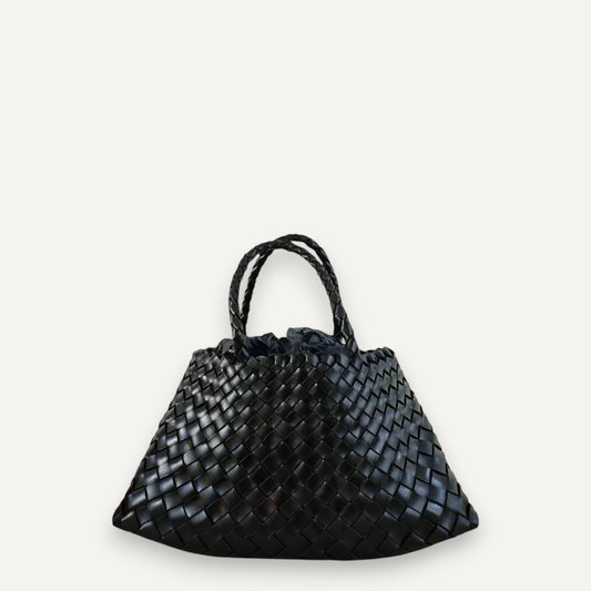 Diana medium woven leather bag, handwoven top-grain cowhide, short handle, spacious interior.