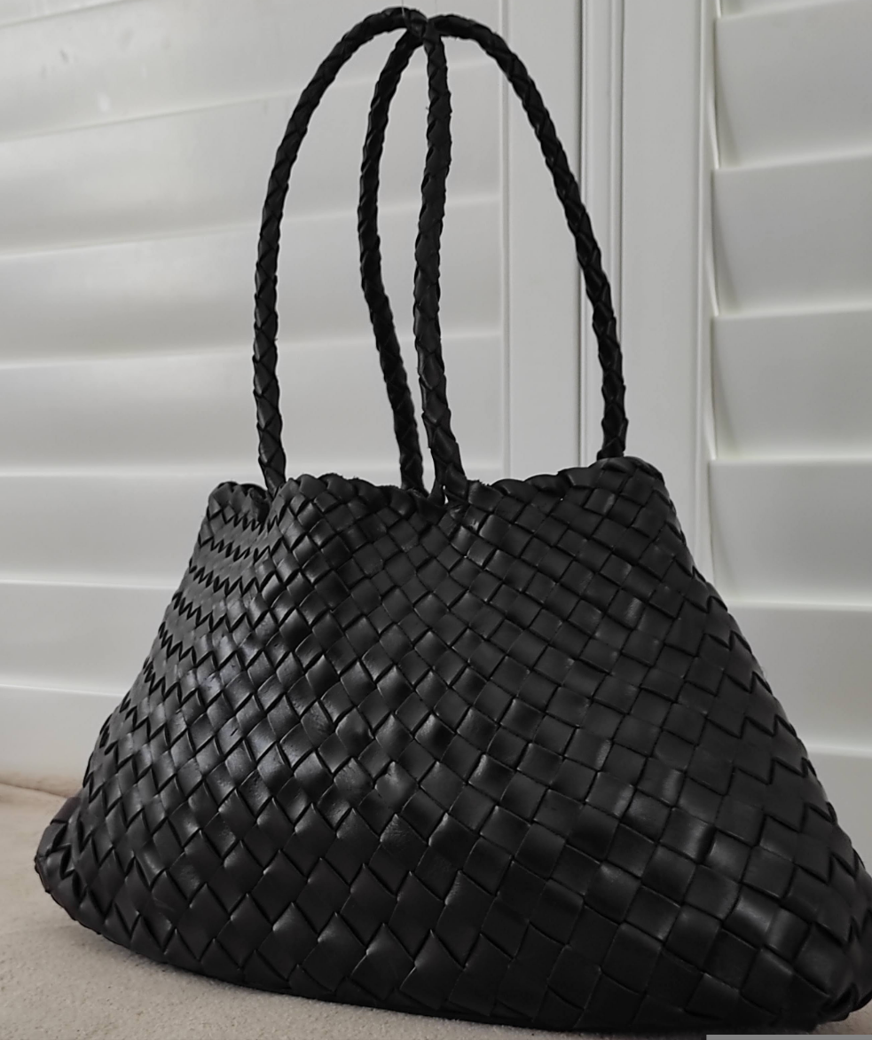 Side View Of Leah Large Handmade Leather Woven Tote Bag with Long Handles in Black Leather