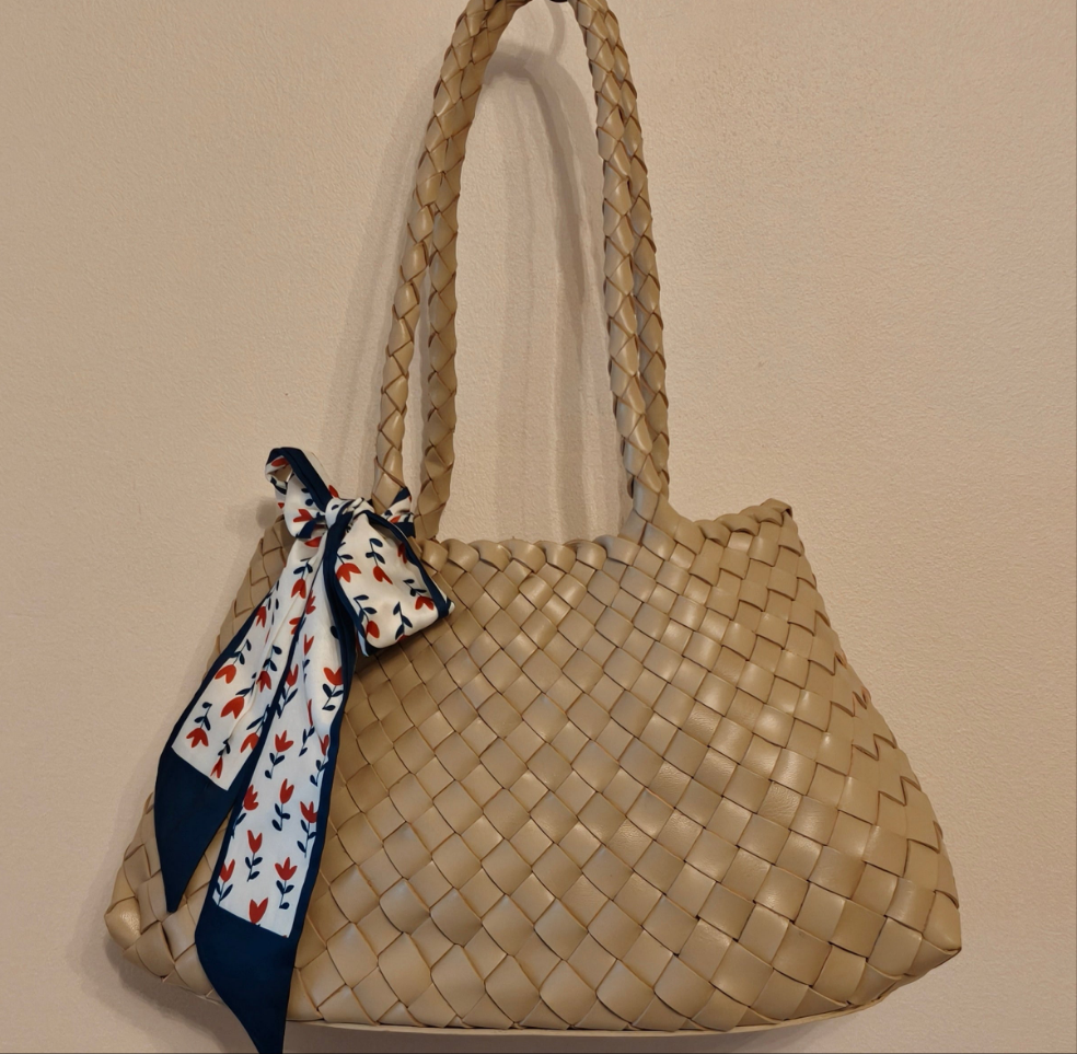 Leah - (LARGE LONG HANDLES) Genuine Leather Woven Tote