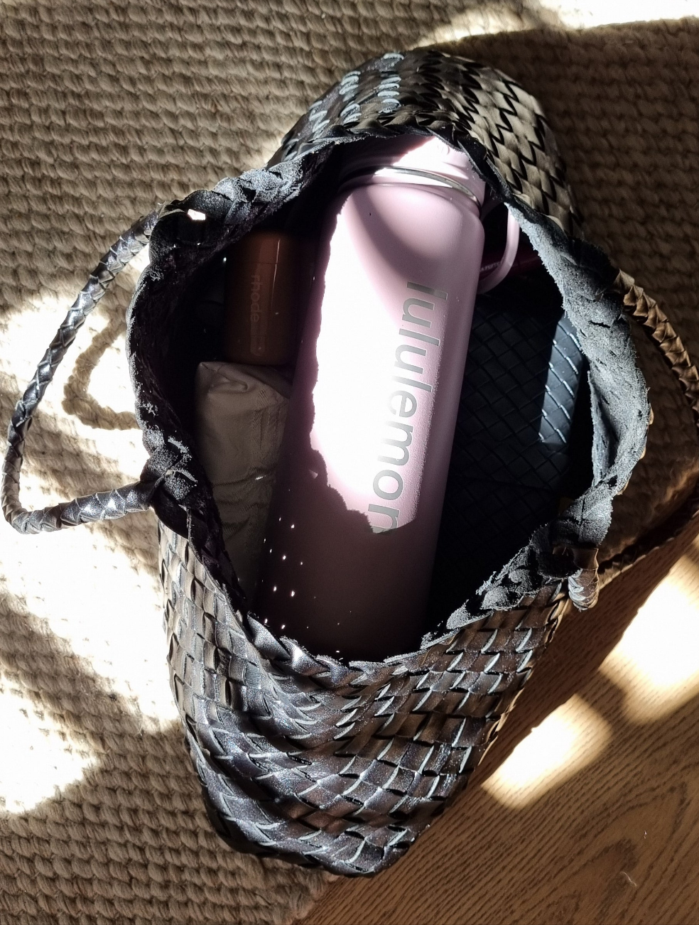 Top View Of Leah Large Handmade Leather Woven Tote Bag with Long Handles in Black Leather