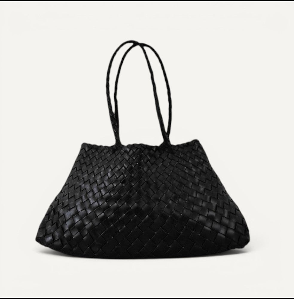Front View Of Leah Large Handmade Leather Woven Tote Bag with Long Handles in Black Leather