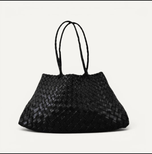Front View Of Leah Large Handmade Leather Woven Tote Bag with Long Handles in Black Leather