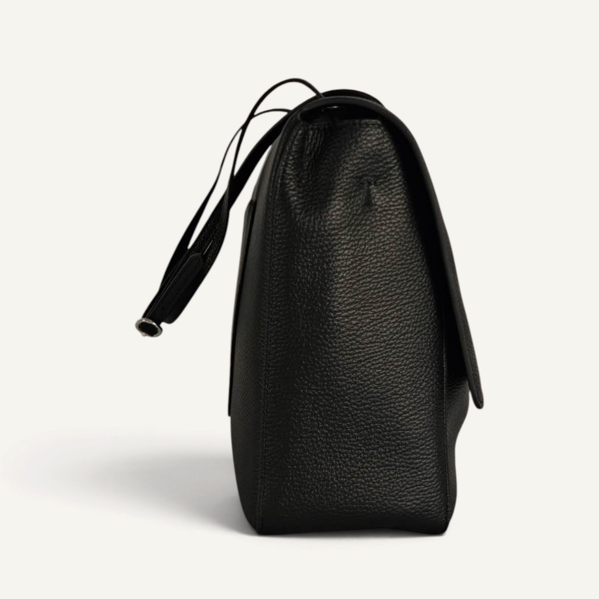 Fayecreations large black pebbled leather shoulder bag shown from the side profile