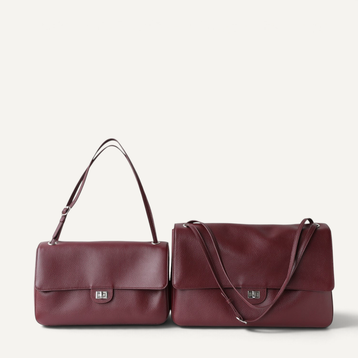 Two Fayecreations Eleanor Small red genuine leather shoulder bags with turn-lock closures and double straps.