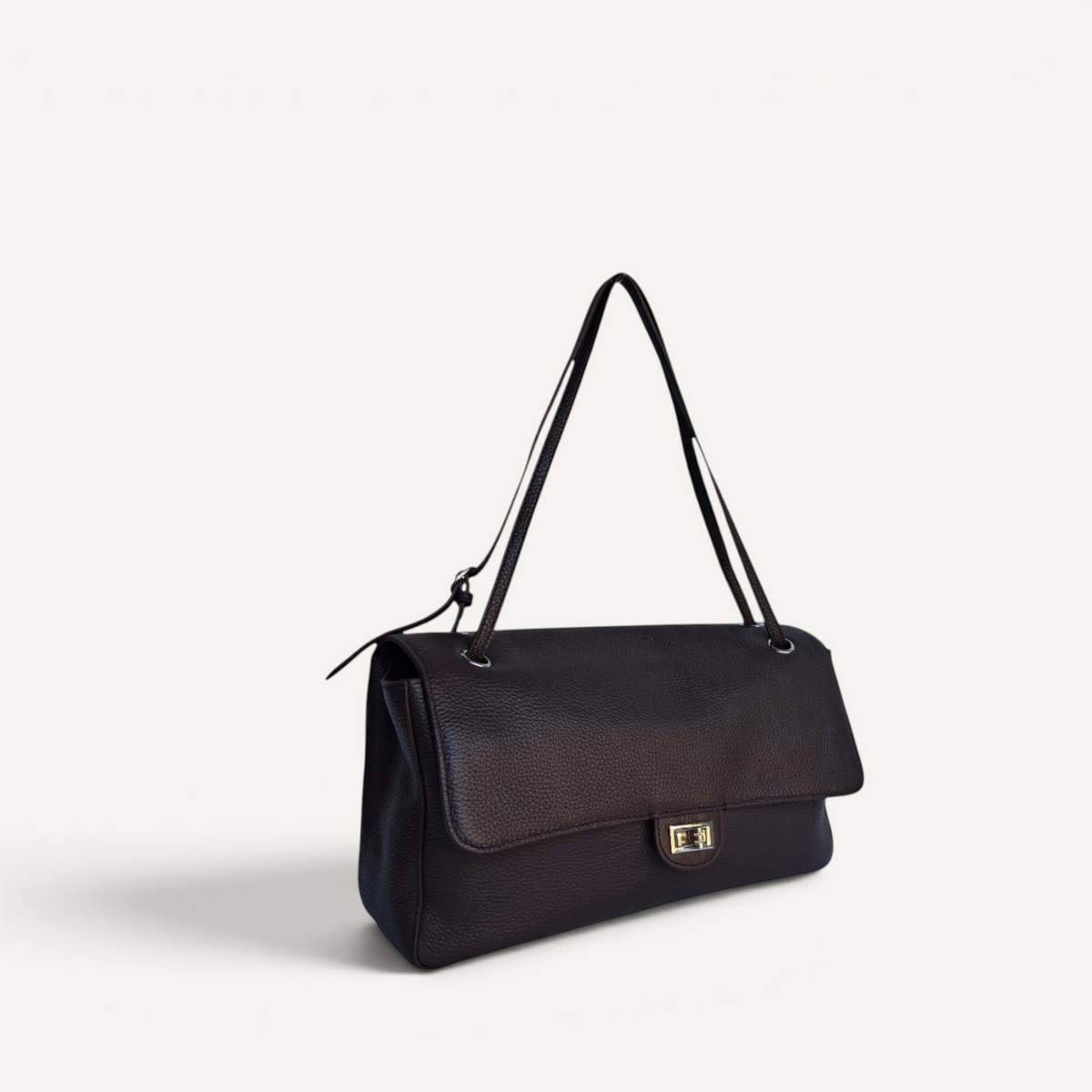 Fayecreations Eleanor small brown genuine leather shoulder bag with a rectangular silhouette and gold turn-lock closure