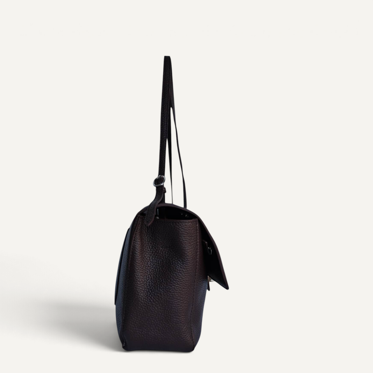 Fayecreations Eleanor Small black genuine leather shoulder bag with a textured finish and side view profile.