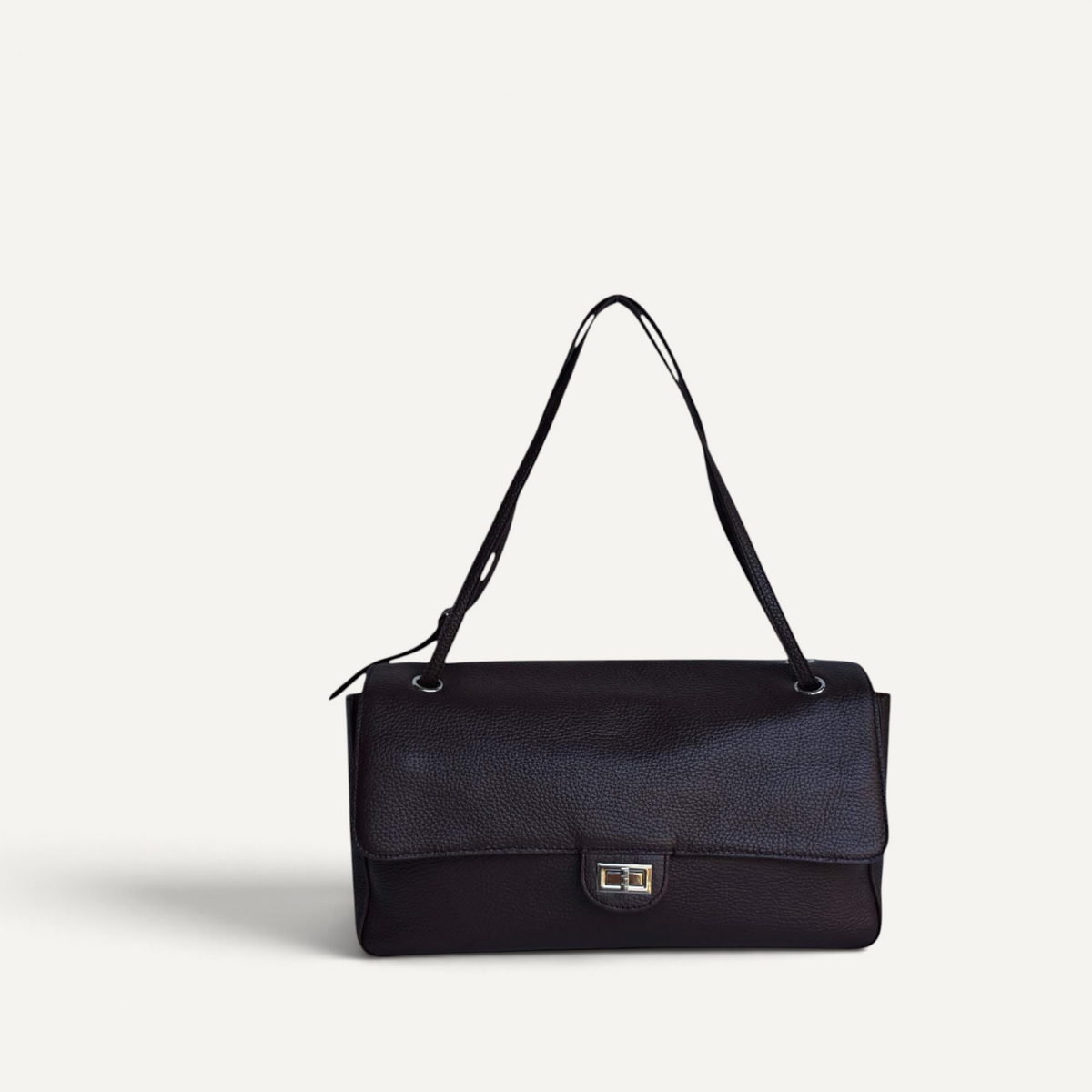Fayecreations Eleanor small black genuine leather shoulder bag with a rectangular silhouette and metal turn-lock closure
