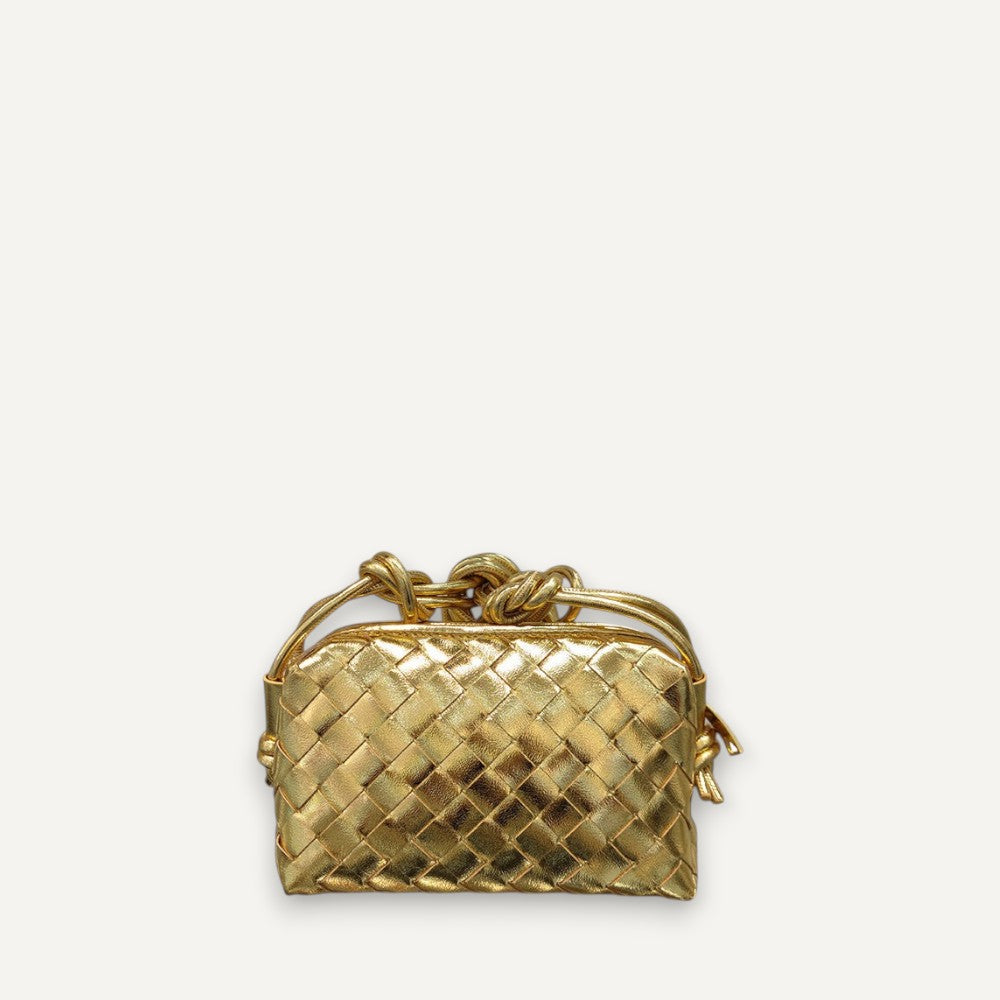Sydney mini woven camera bag in metallic gold genuine leather and microfiber crossbody design