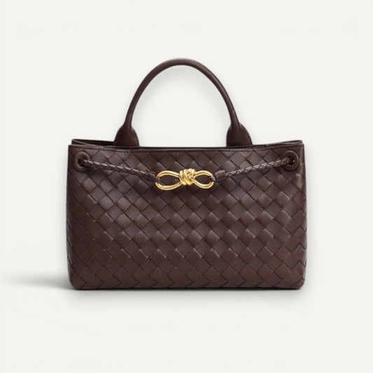 Aria crosswoven genuine leather shoulder bag with dual compartments and gold-tone hardware