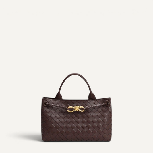Aria crosswoven genuine leather shoulder bag with dual compartments and gold-tone hardware