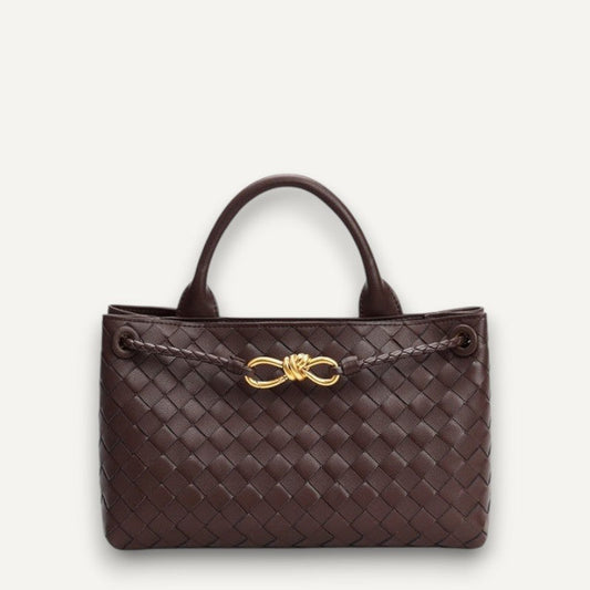 Aria crosswoven genuine leather shoulder bag with dual compartments and gold-tone hardware