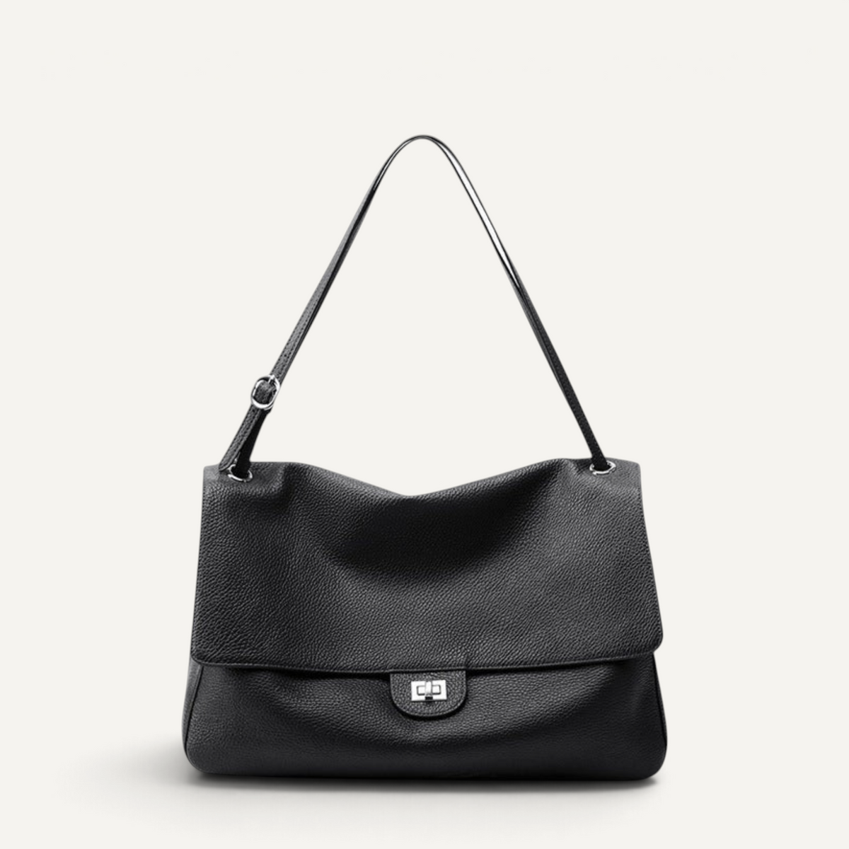 Fayecreations Eleanor large black genuine leather shoulder bag with a soft structured body and comfortable strap.