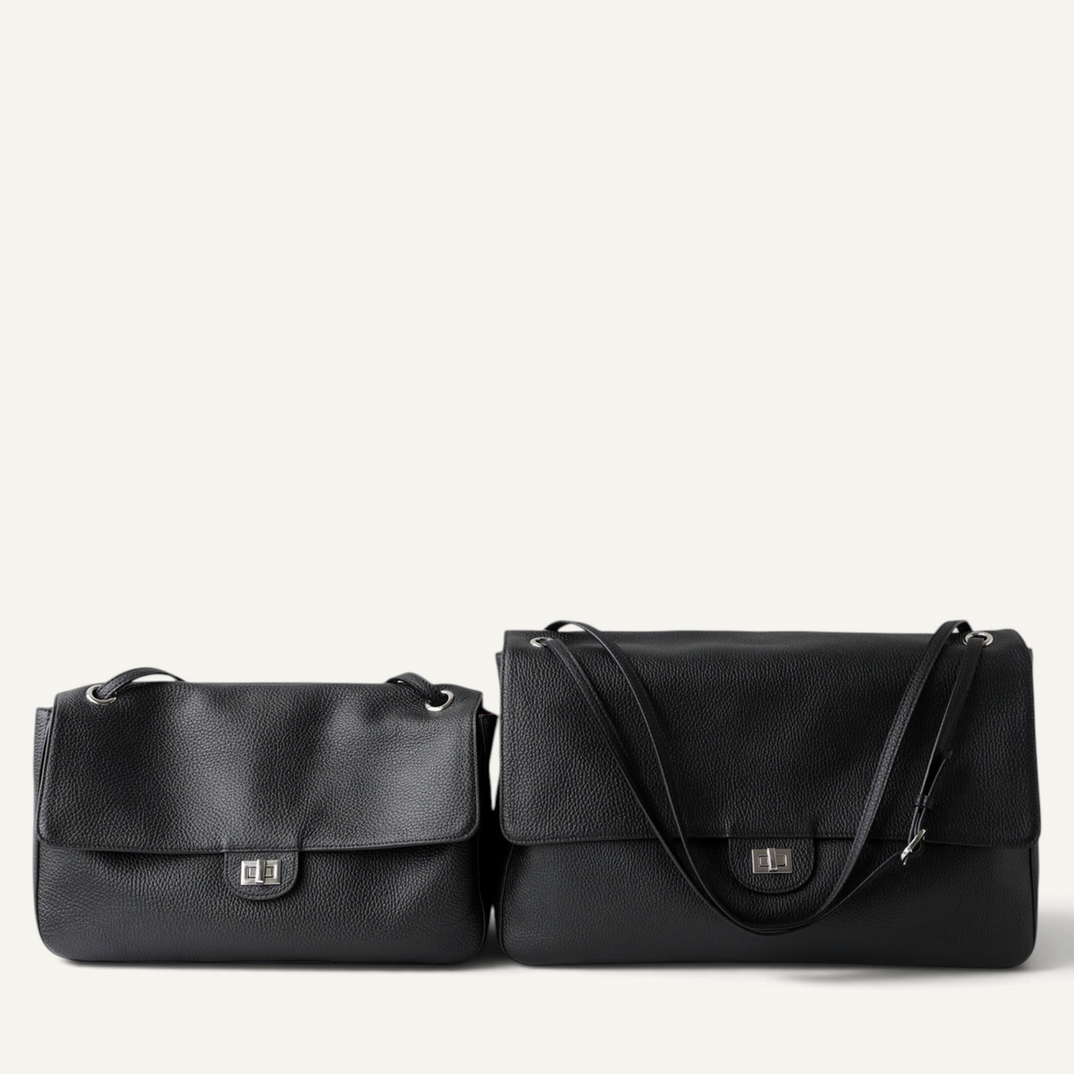 Fayecreations Eleanor large black genuine leather shoulder bags with turn-lock closure and double straps
