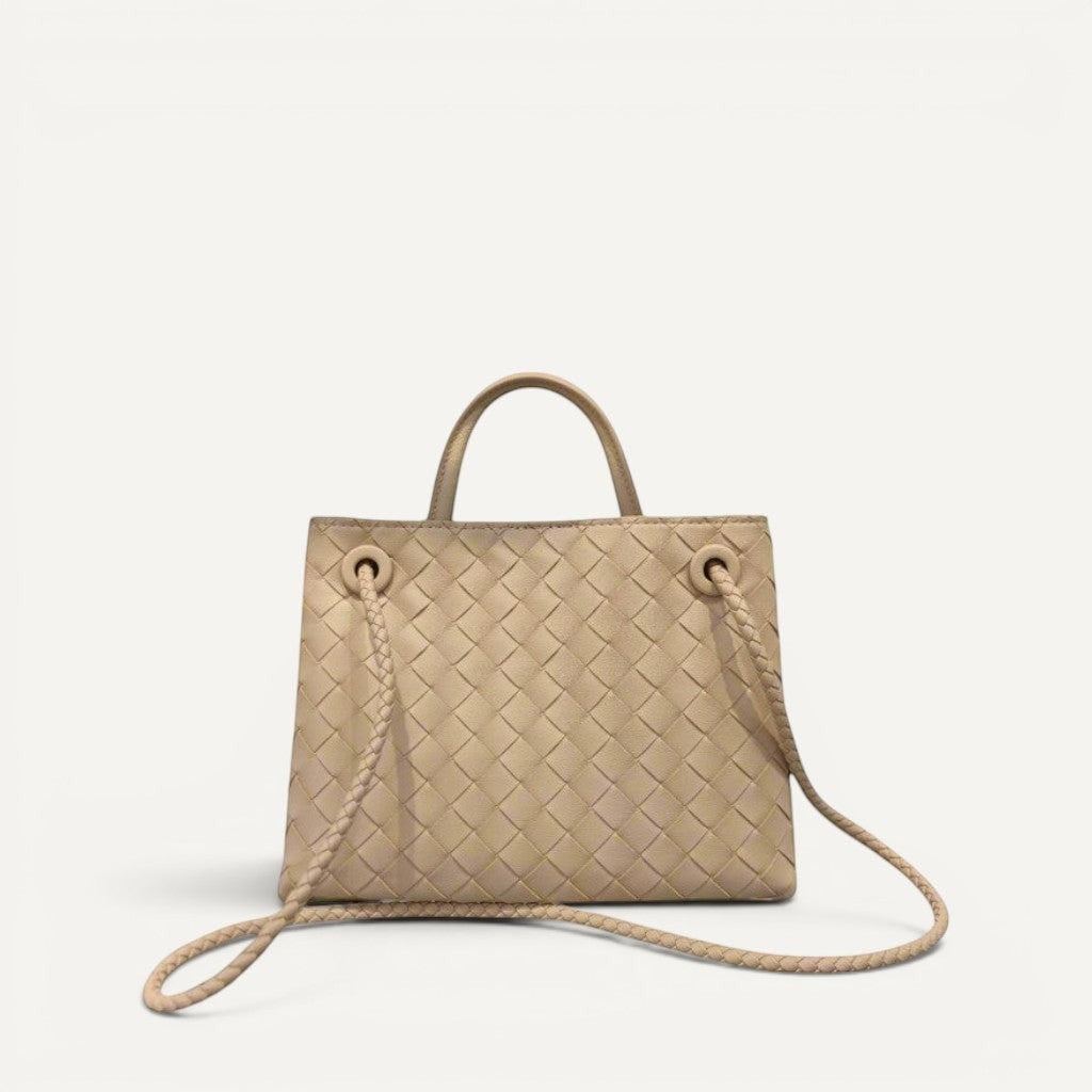 Jade Tote handbag with crosswoven leather texture and gold-tone hardware in sleek silhouette
