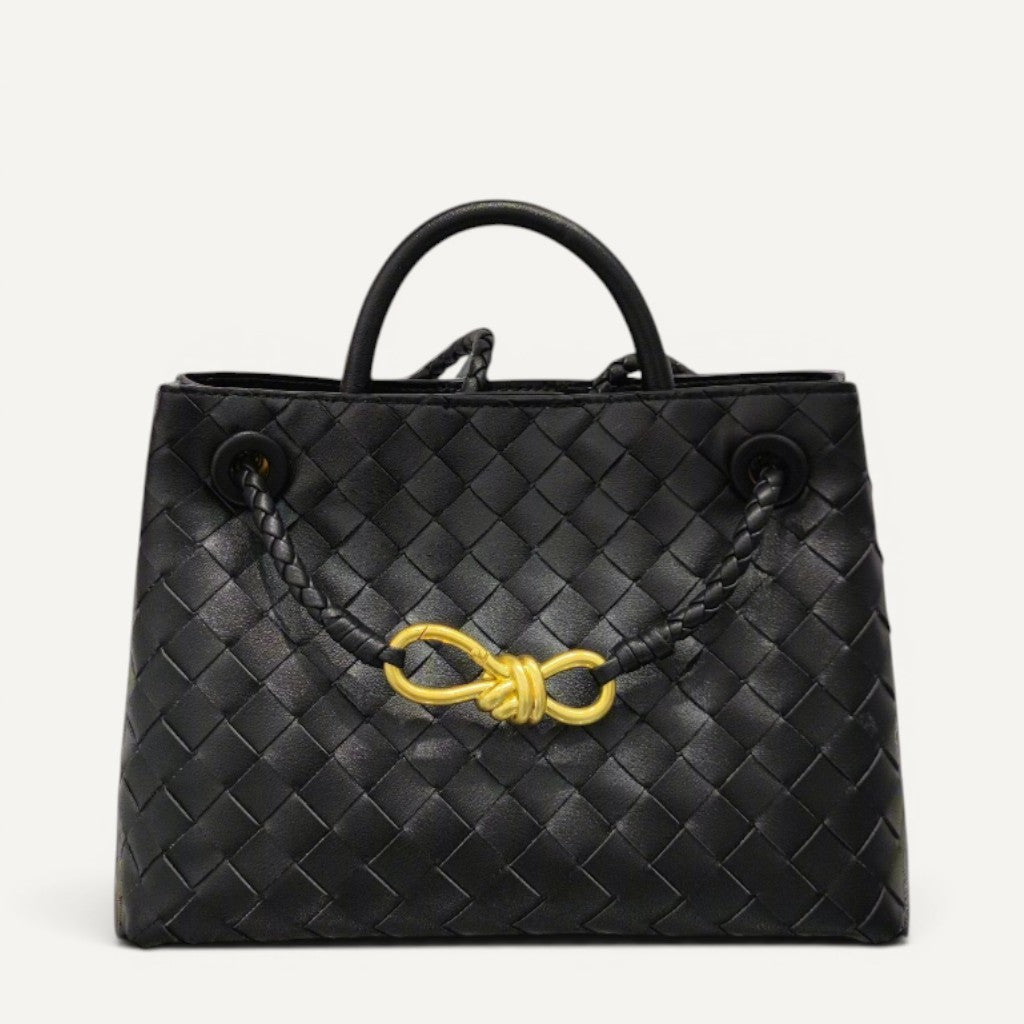 Jade crosswoven leather shoulder bag with dual compartments and gold accent.