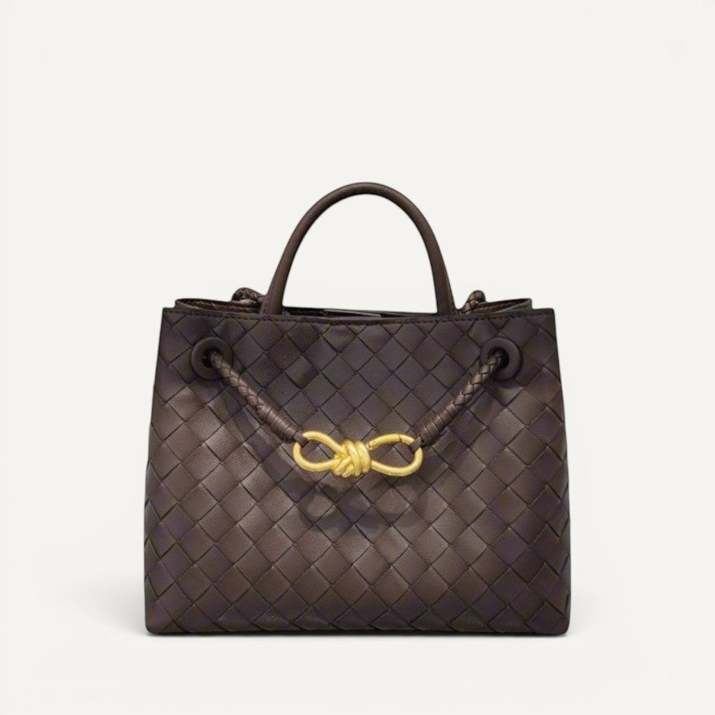 Jade Tote in crosswoven leather with gold-tone hardware, compact and versatile design