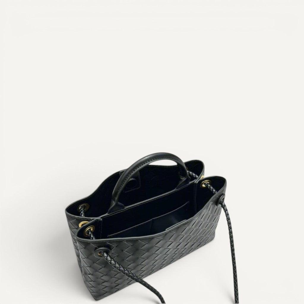 Aria crosswoven genuine leather shoulder bag with dual compartment and gold-tone hardware