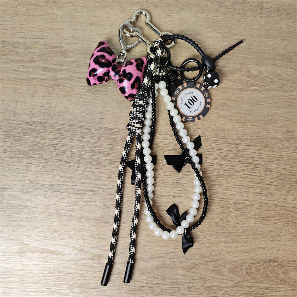 Fiona Luxe Charm - Pink Leopard Bow Keychain with Pearl and Rope Details