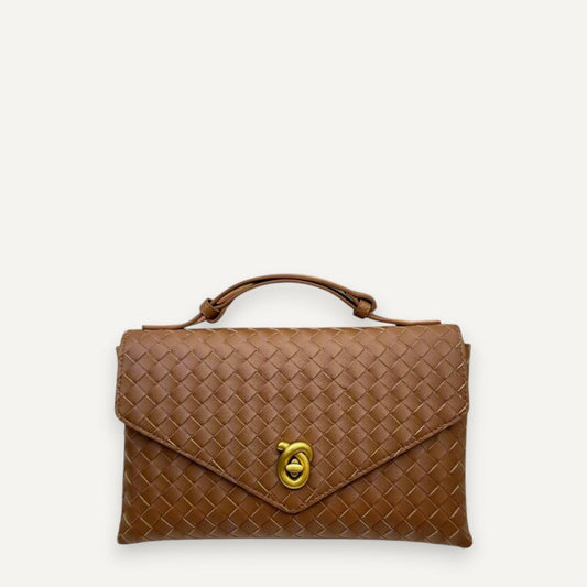 Friday crosswoven leather envelope shoulder bag with dual compartments and gold hardware
