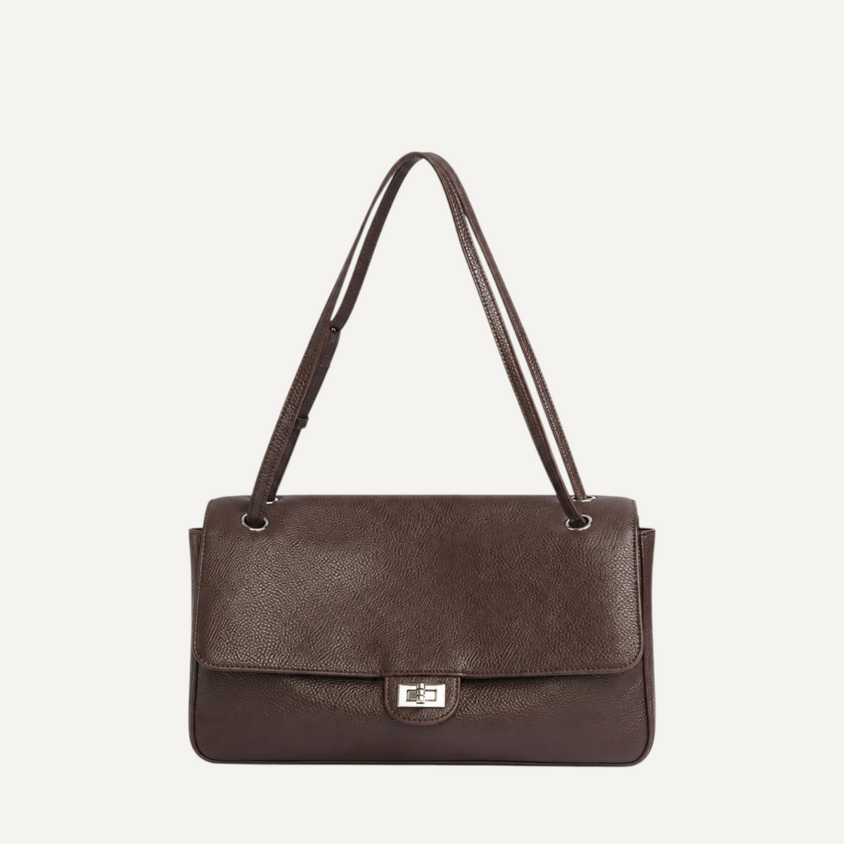 Fayecreations Eleanor Small coffee brown genuine leather shoulder bag with a rectangular shape and metal turn-lock.